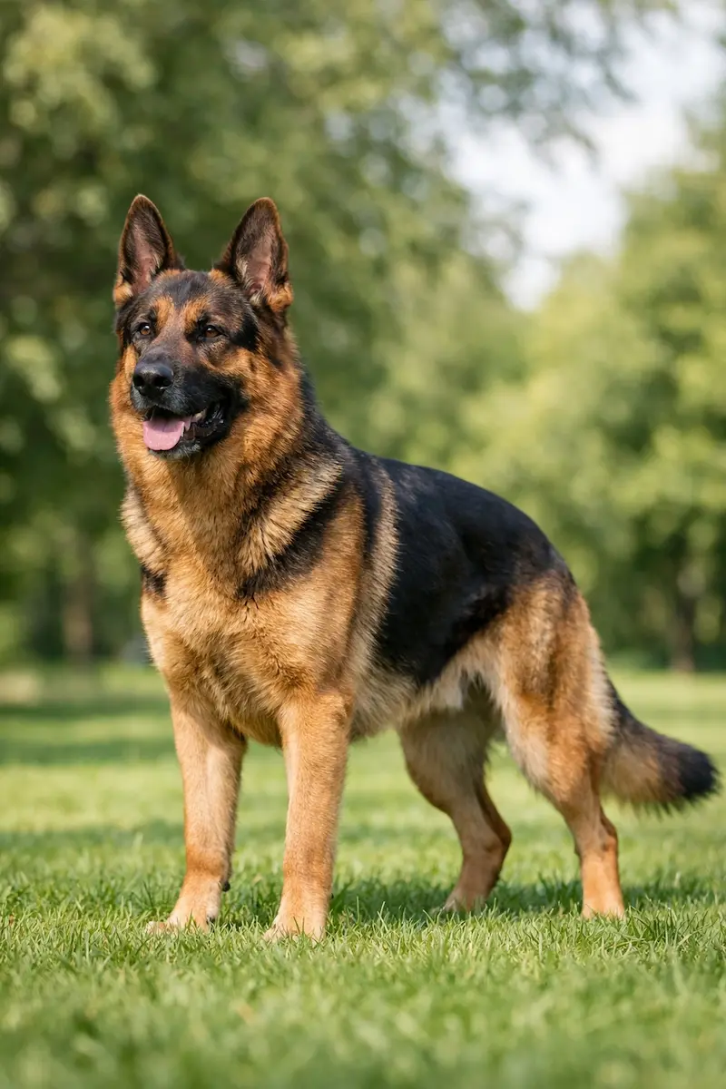 A healthy adult German Shepherd standing in a park, illustrating strong posture and coat, related to life expectancy of the breed.