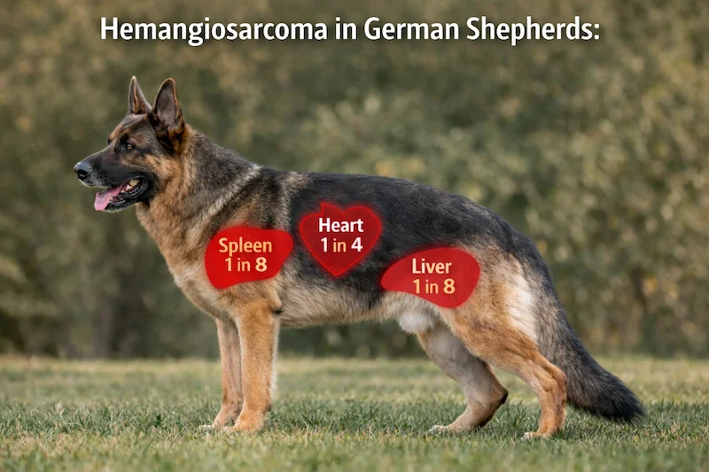 German Shepherd standing outdoors with highlighted spleen, heart, and liver areas showing hemangiosarcoma risk in German Shepherds.