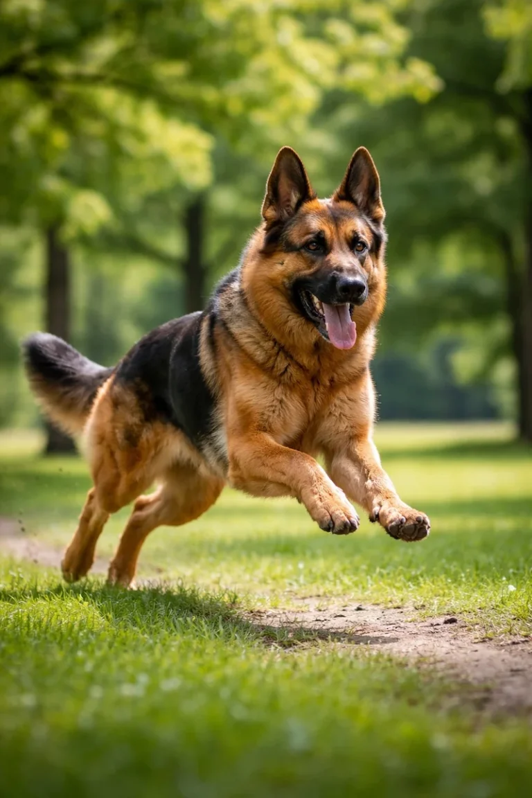 A healthy adult German Shepherd exercising outdoors, showing how much exercise a German Shepherd needs daily for fitness and energy balance.