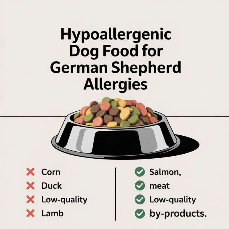 Infographic showing safe and unsafe foods, explaining What Is the Best Diet for German Shepherds With Allergies and how to choose hypoallergenic meals.
