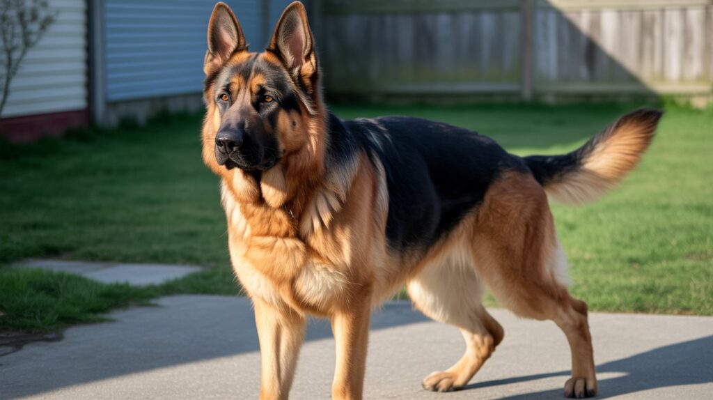 Alert male German Shepherd standing outdoors, highlighting natural guarding instincts and exploring are male German shepherds naturally more protective than females
