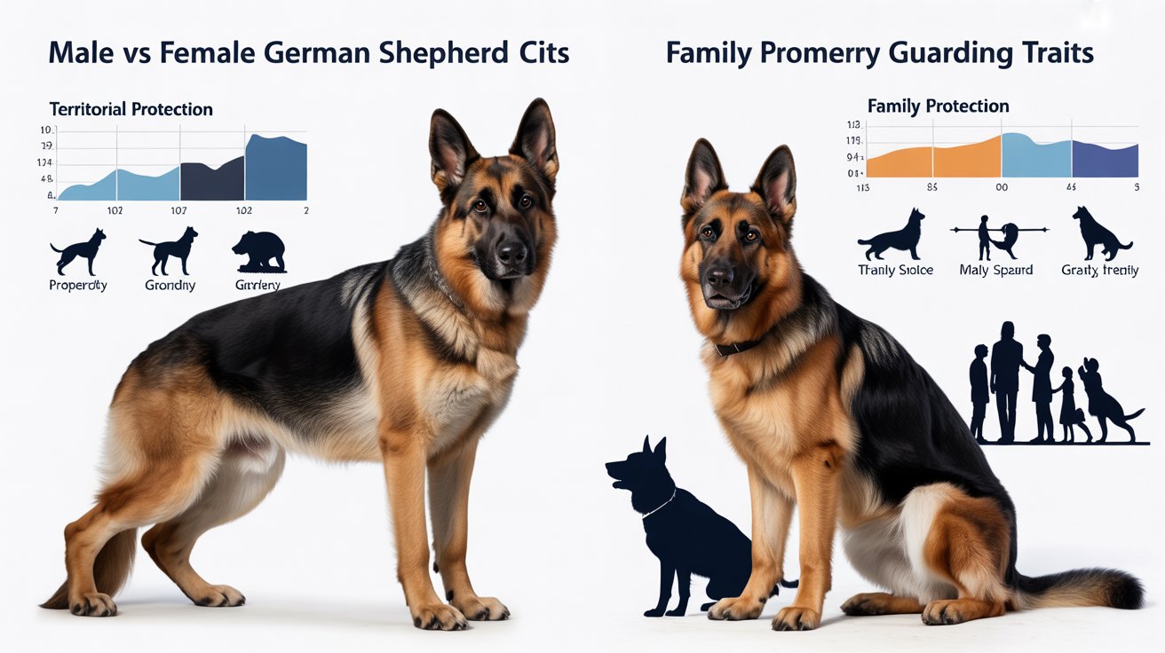 Male and female German Shepherds showing family and territorial protection traits, showing are male or female German Shepherds more protective