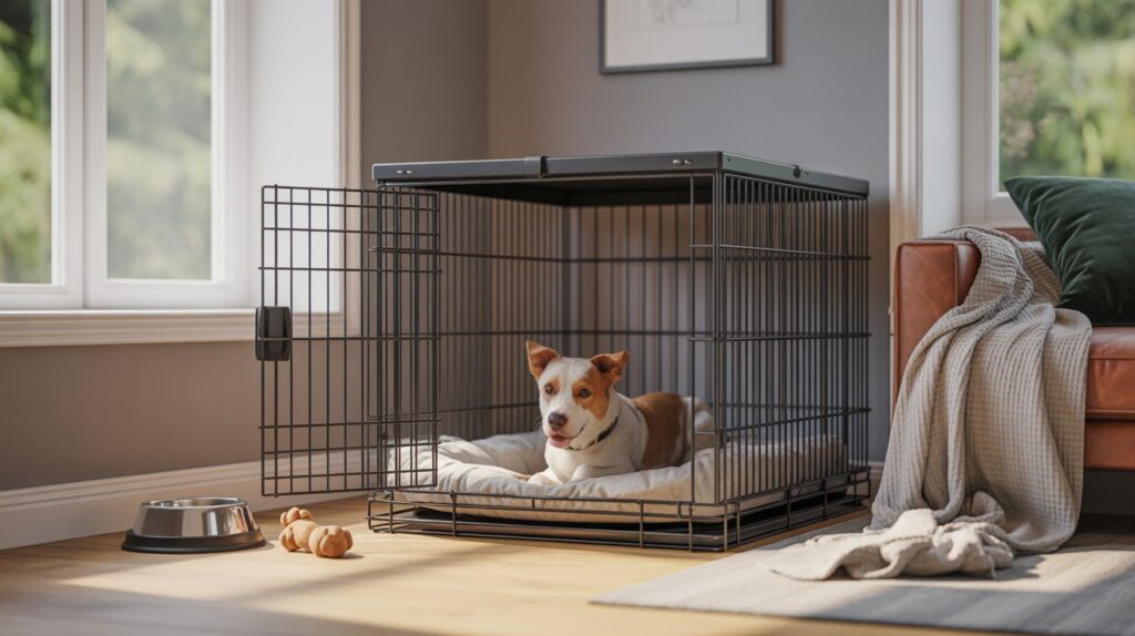 Best Crate Size for Sleeping and Daily Use shown with a dog resting comfortably inside a spacious indoor crate with bedding.