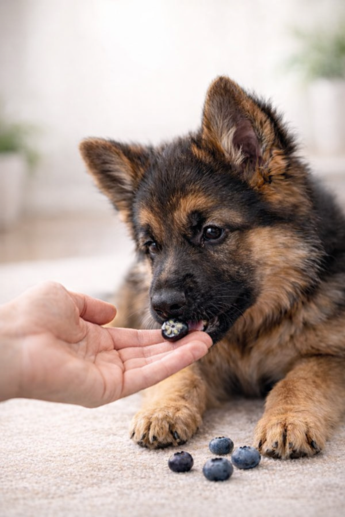 German Shepherd puppy eating a small blueberry piece safely, showing that puppies can eat blueberries in moderation.