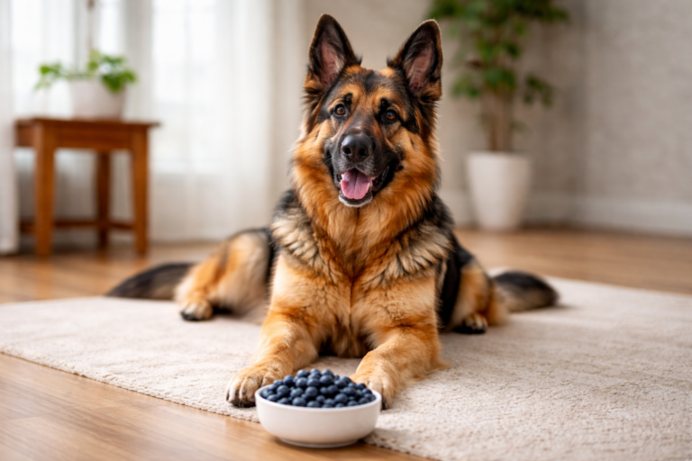 A healthy adult German Shepherd sitting calmly with a small bowl of fresh blueberries on the floor.