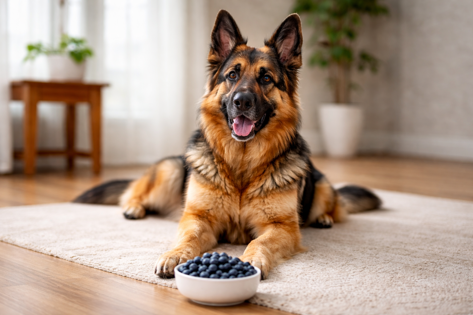 A healthy adult German Shepherd sitting calmly with a small bowl of fresh blueberries on the floor.