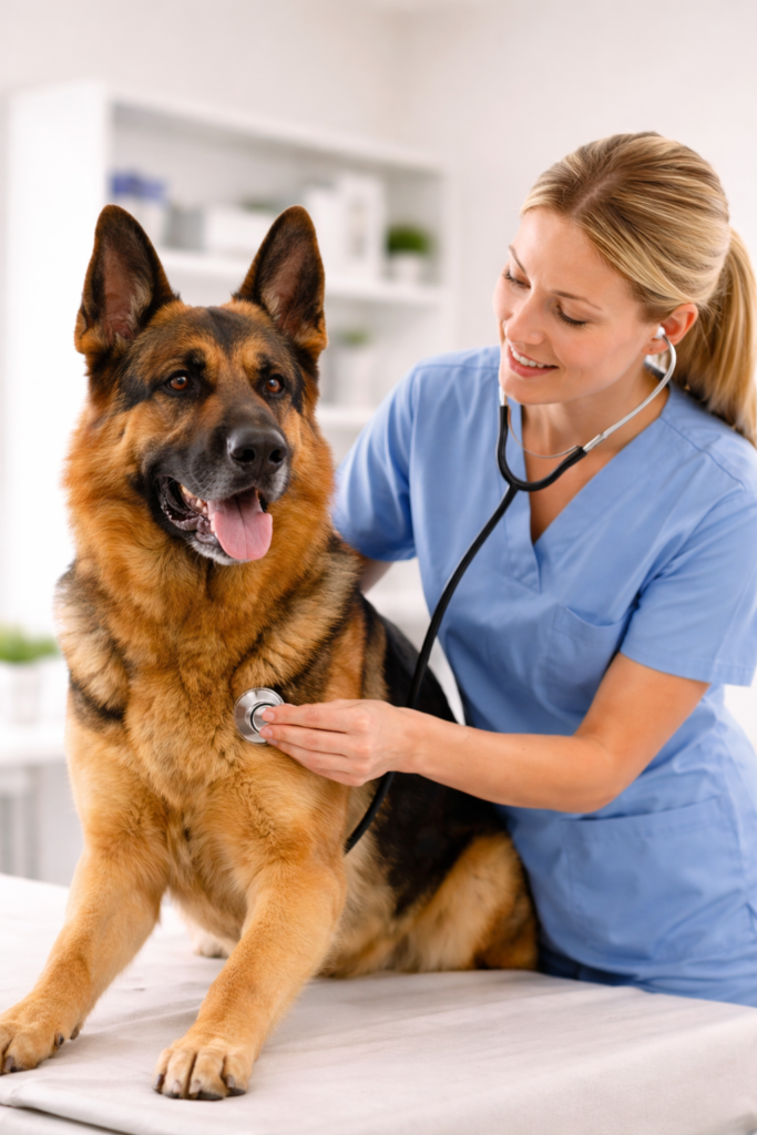 Vet examining a German Shepherd, highlighting Common Health Issues in German Shepherds and Their Impact on Lifespan.