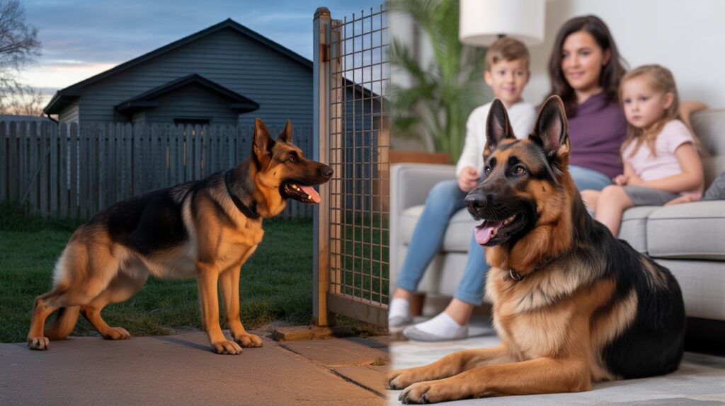 German Shepherd showing alert territorial guarding near property and calm family protection, clearly explaining the difference between territorial guarding and family protection