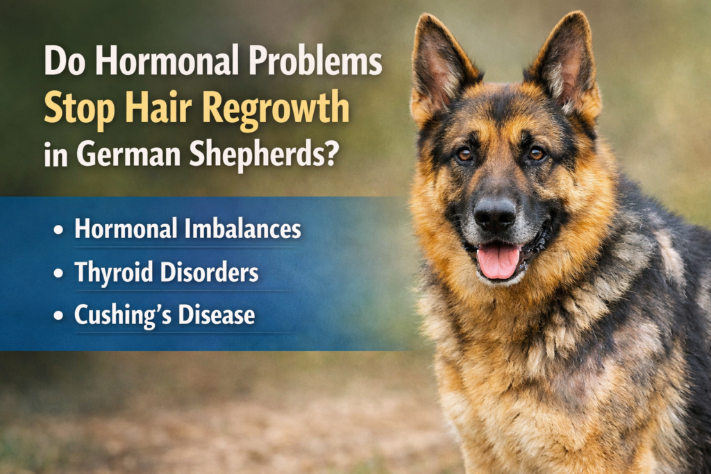 German Shepherd with visible hair loss showing how hormonal problems can stop hair regrowth, including thyroid issues and Cushing’s disease.