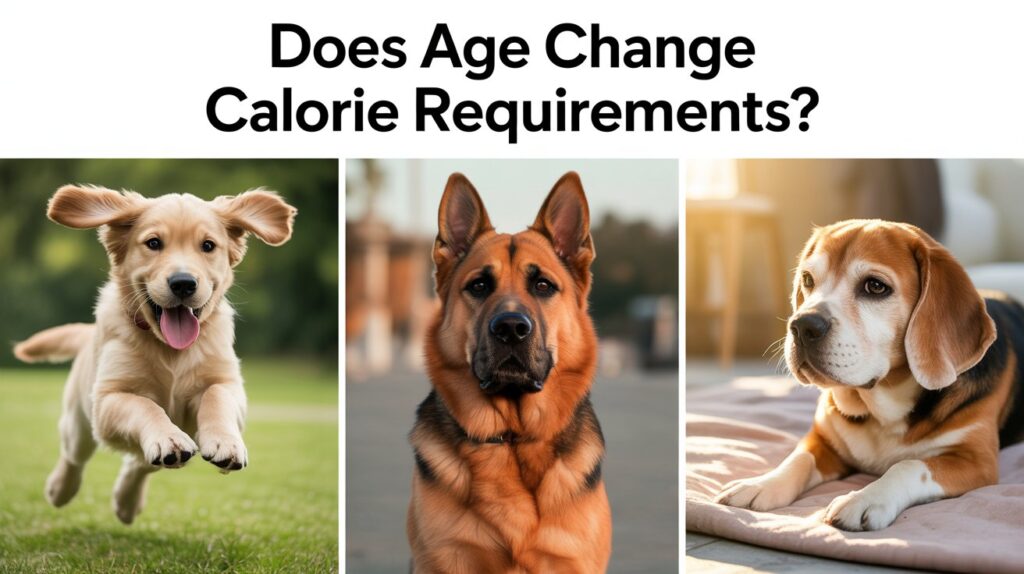 Dog at puppy, adult, and senior stages showing how age changes calorie requirements and affects daily nutrition needs.