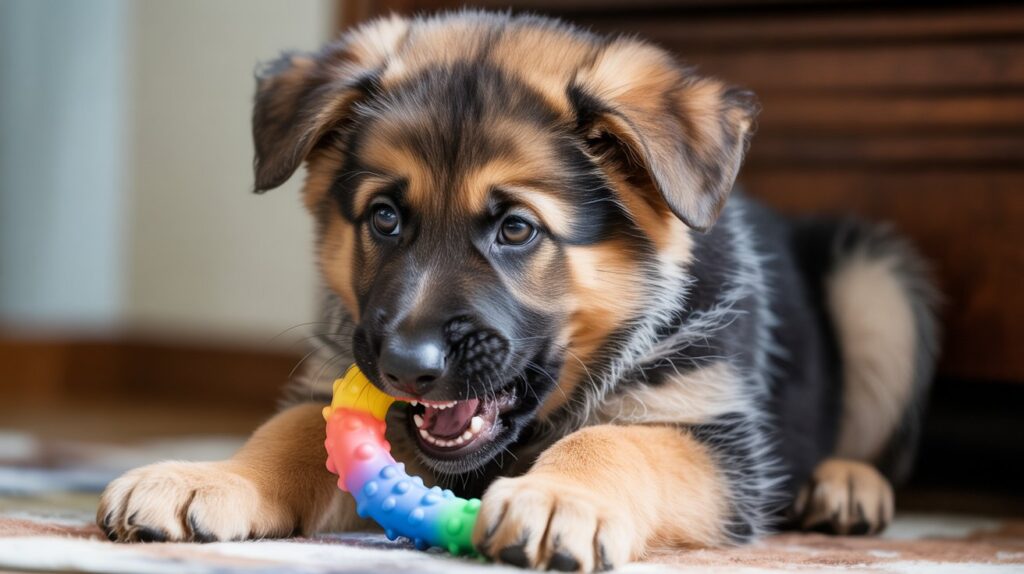 German Shepherd puppy chewing a toy with drooping ears, showing ear drooping during teething as a normal part of puppy development.