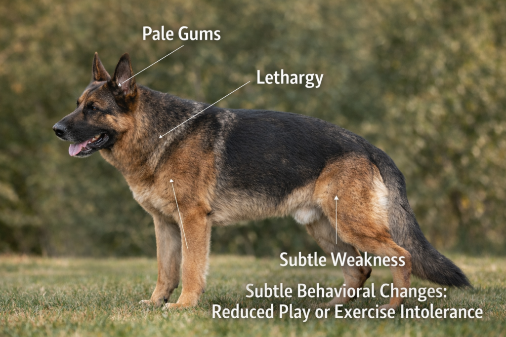 German Shepherd showing early signs of hemangiosarcoma, including pale gums, lethargy, subtle weakness, and reduced activity outdoors.
