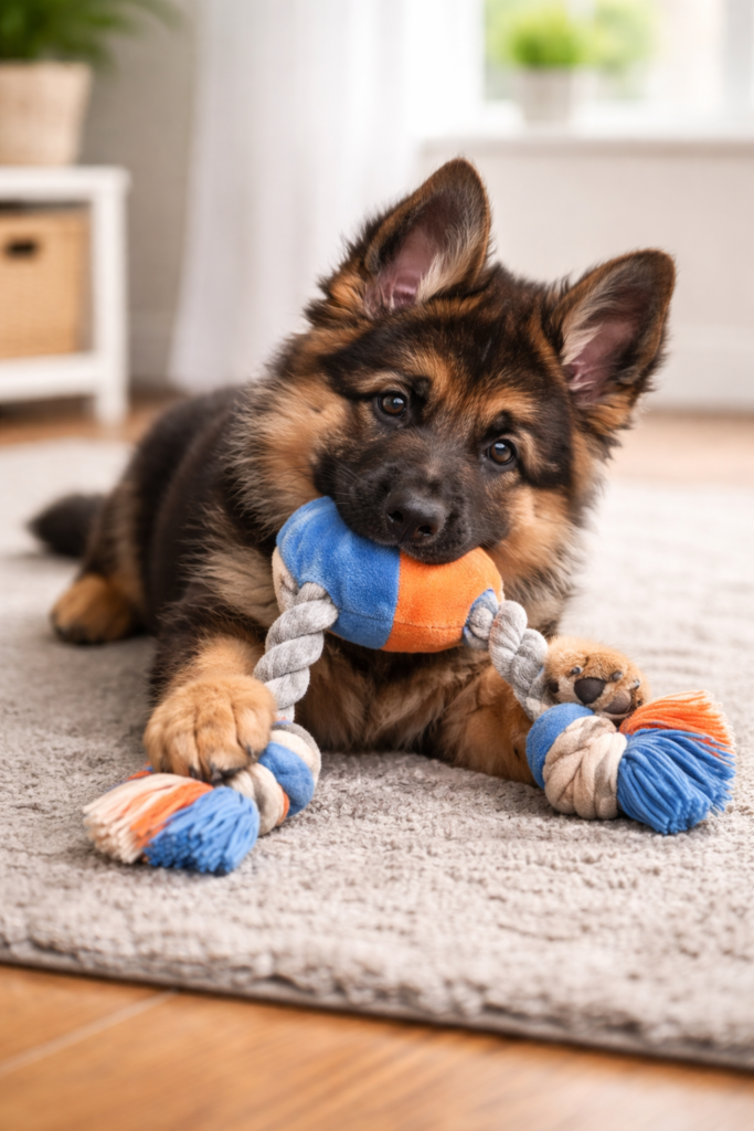 German Shepherd puppy doing light play, showing safe exercise routines and how much exercise a German Shepherd puppy needs.