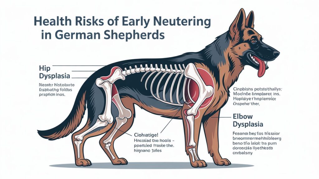 Health risks of early neutering in German Shepherds, showing joint, hip, and elbow problems linked to neutering too early.