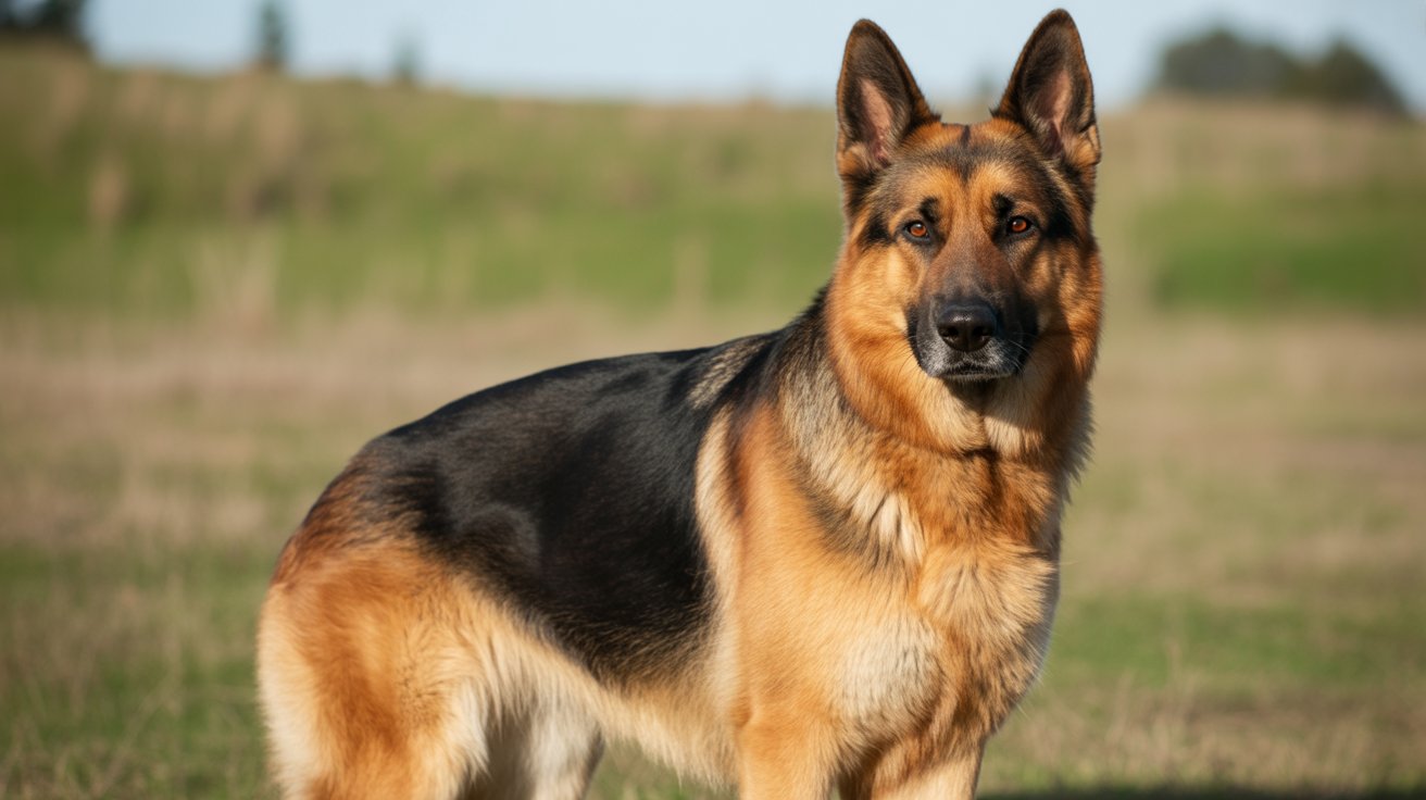 Adult German Shepherd standing outdoors, alert and healthy, illustrating how common is bloat in German Shepherds health risk