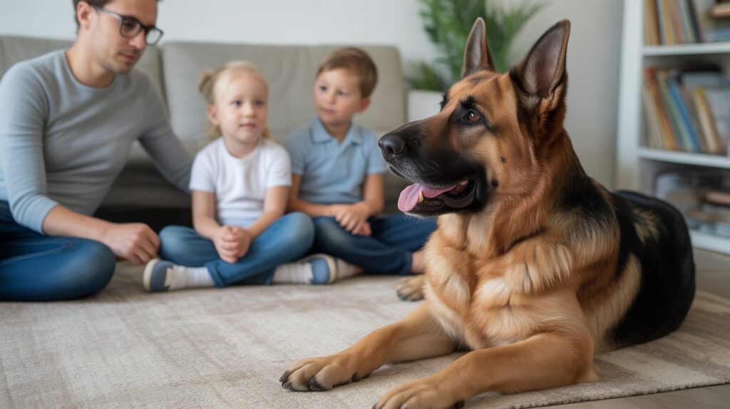 Family sitting on a rug as a calm German Shepherd relaxes nearby, showing How Do German Shepherds Behave With Children? gentle and watchful at home.