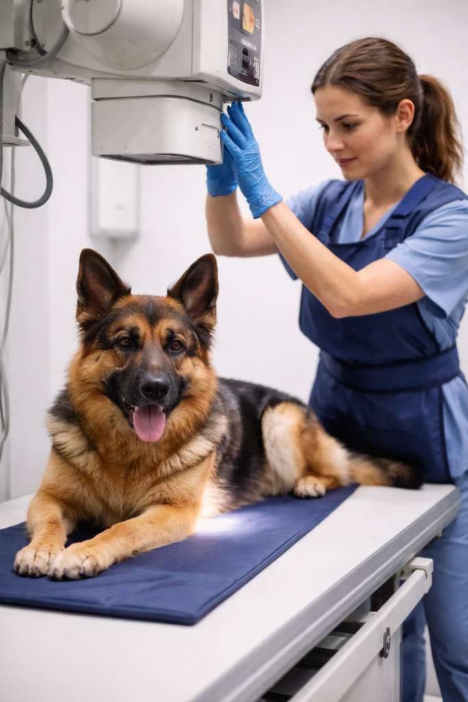 Veterinarian using an X-ray on a German Shepherd to diagnose potential cancer signs, ensuring professional care