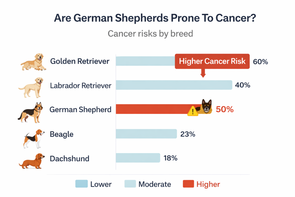Compare cancer risk in German Shepherds to other dog breeds, highlighting their higher risk in this visual chart.