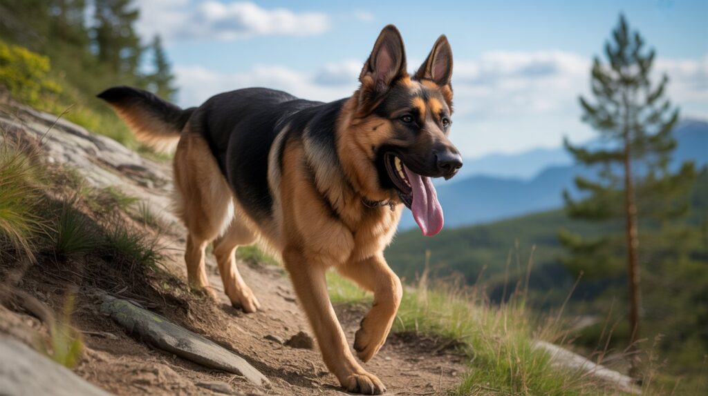 German Shepherd hiking on a scenic mountain trail, showing how Is German Shepherd Day celebrated with outdoor walks, exercise, and bonding time.