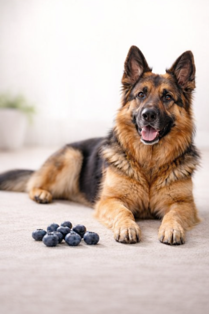 Proper portion of blueberries for a German Shepherd, explaining how many blueberries German Shepherds can eat safely.