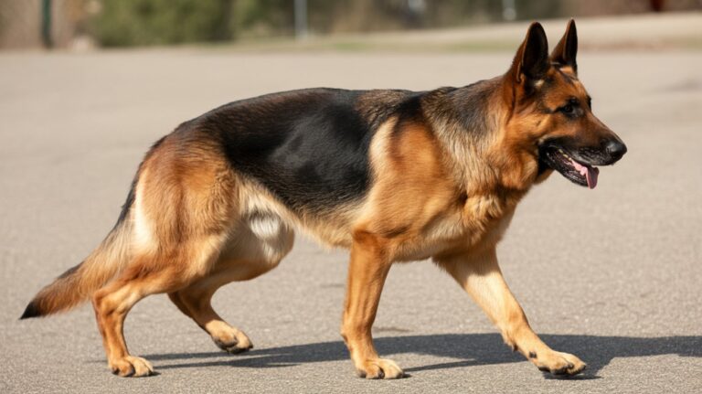 Active German Shepherd dog walking on pavement, showing strong legs, healthy coat, and balanced body shape in outdoor daylight.