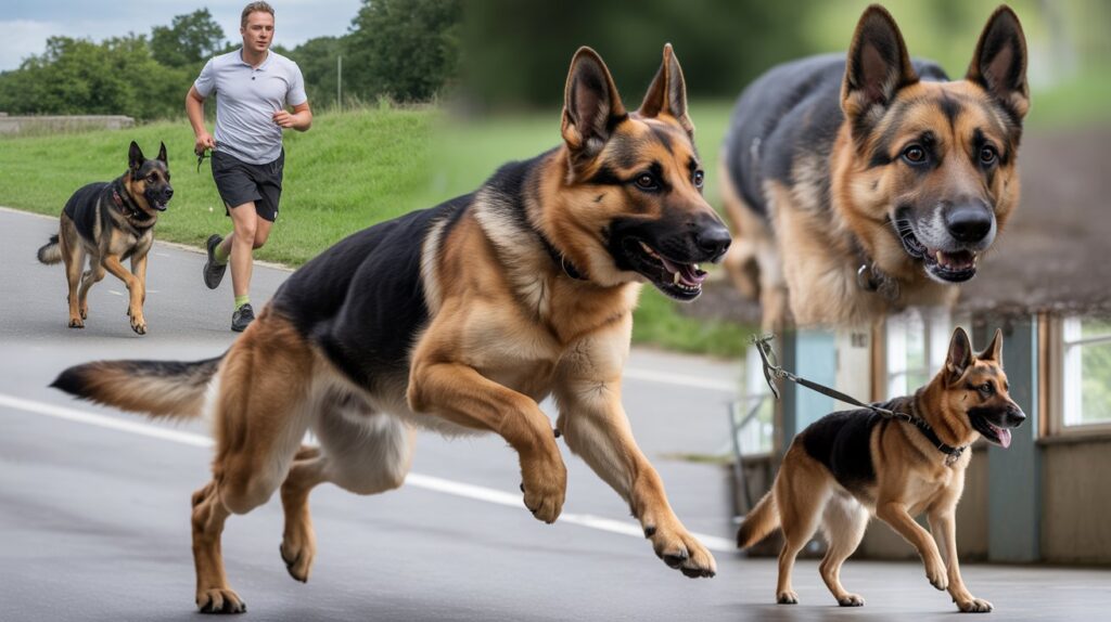 Active German Shepherds running outdoors with their owner, showing how much activity level matters for health, fitness, and energy needs.