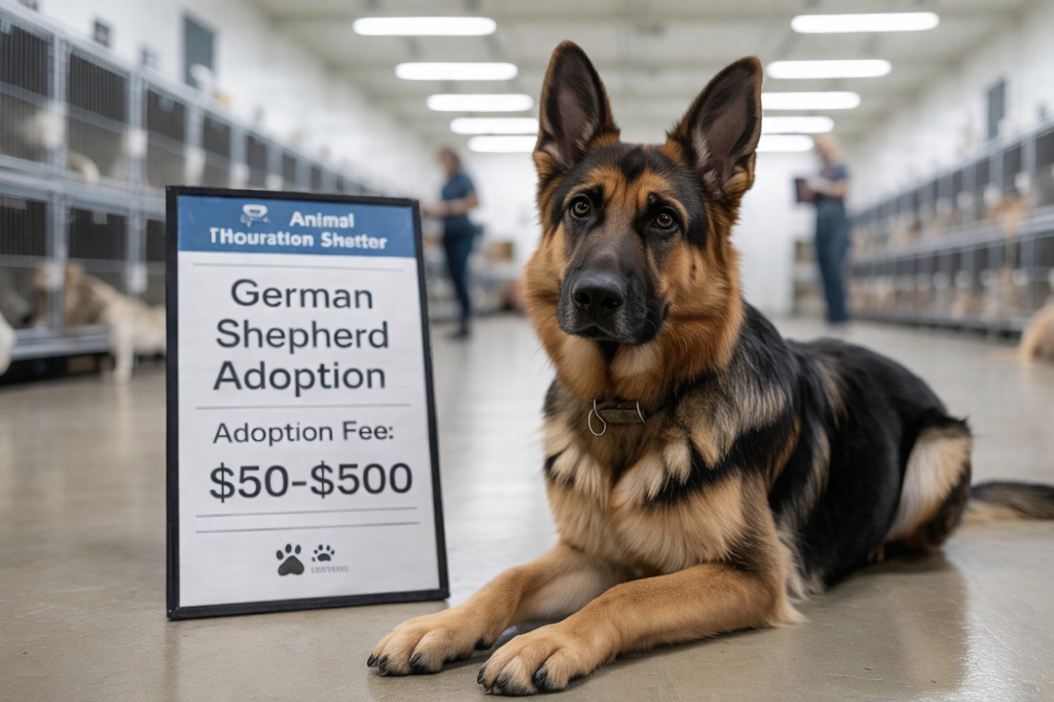 German Shepherd lying in an animal shelter next to an adoption fee sign, showing how much it costs to adopt a German Shepherd.