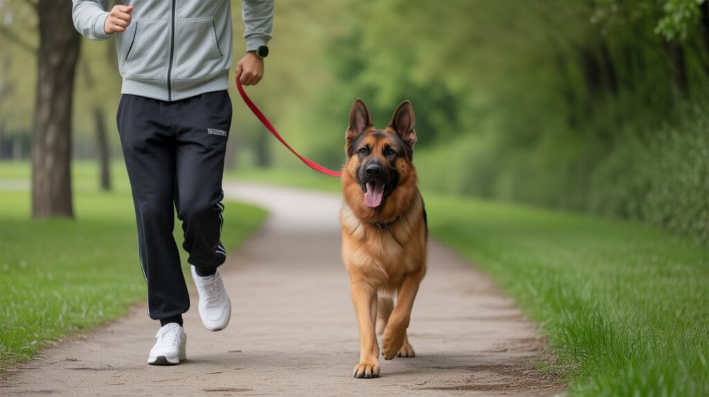 German Shepherd walking briskly on a leash with its owner in a park, showing How Much Exercise Do German Shepherds Need Daily? for health and energy balance.
