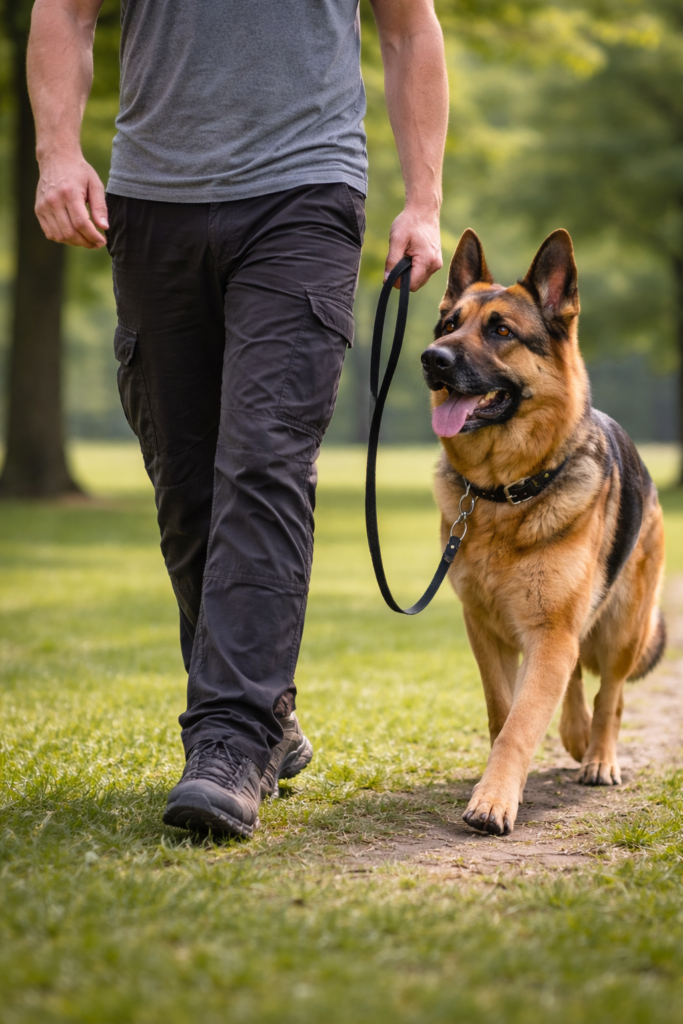 German Shepherd on a daily walk, representing how much exercise a German Shepherd needs per day for physical and mental health.