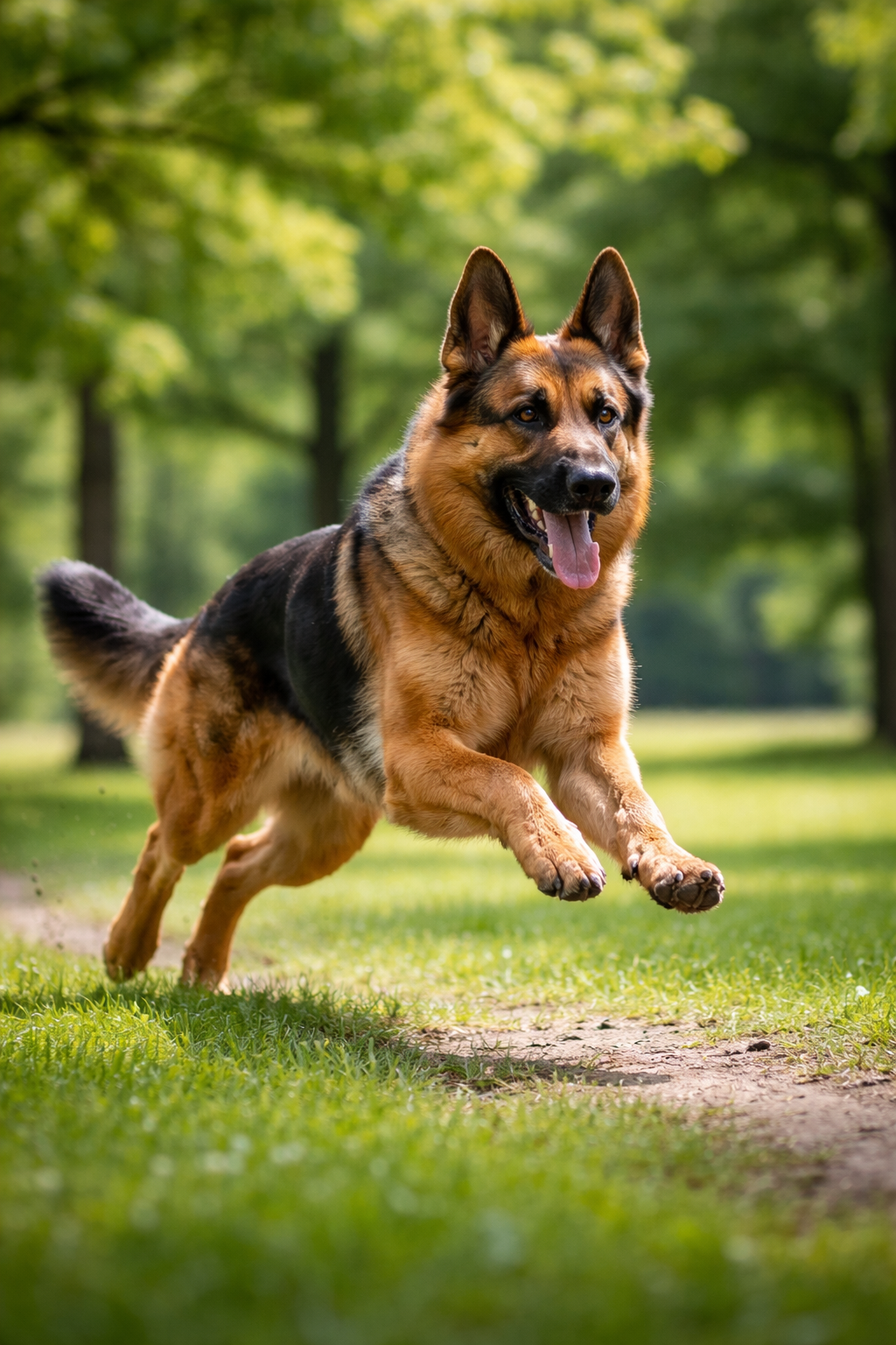 A healthy adult German Shepherd exercising outdoors, showing how much exercise a German Shepherd needs daily for fitness and energy balance.
