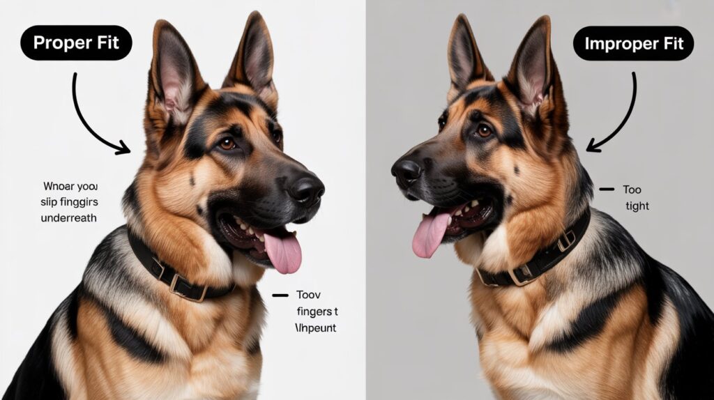 Proper vs improper collar fit on a German Shepherd, showing how a collar should sit snugly without choking or slipping