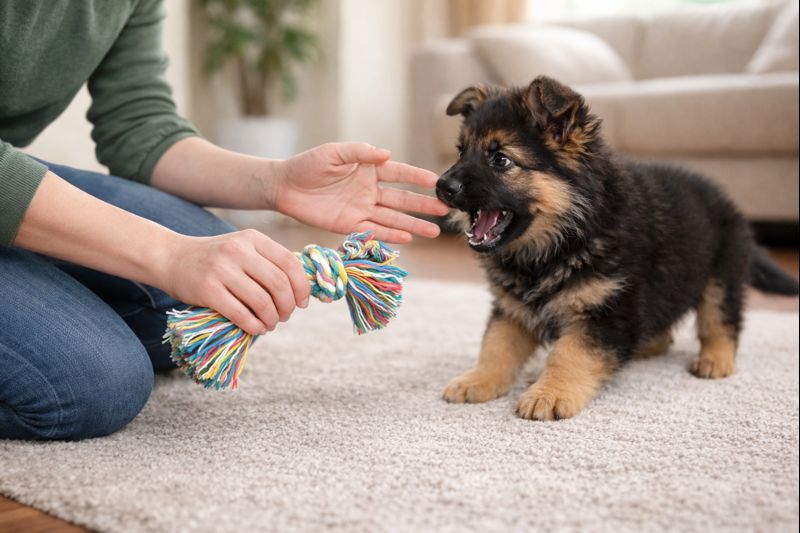 German Shepherd puppy learning to stop biting hands, redirected to chew toy teaching how German Shepherd puppies stop biting naturally