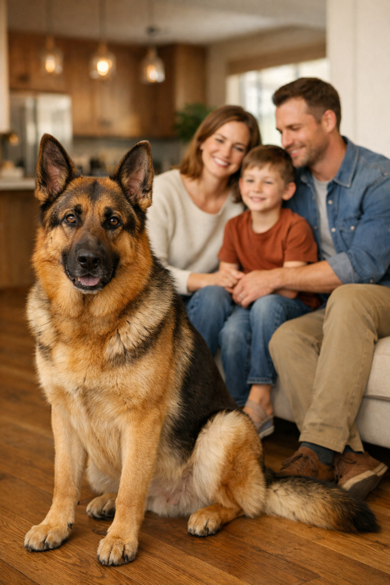 A calm German Shepherd sits peacefully beside a smiling family in their modern home, showcasing relaxed and friendly behavior.