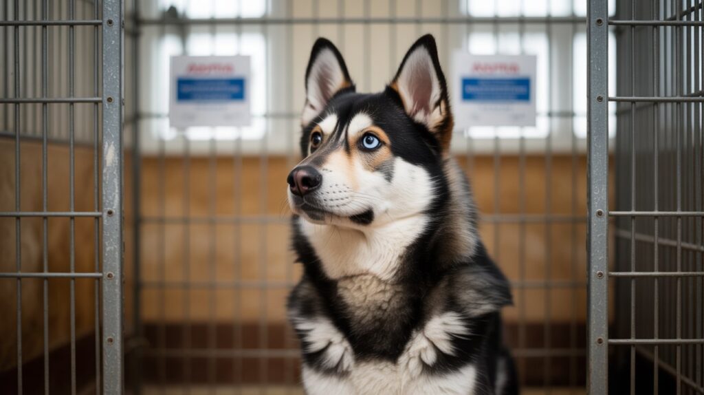 Husky German Shepherd mix sitting in an adoption kennel, helping readers decide is adopting a Husky German Shepherd mix cheaper than buying one?