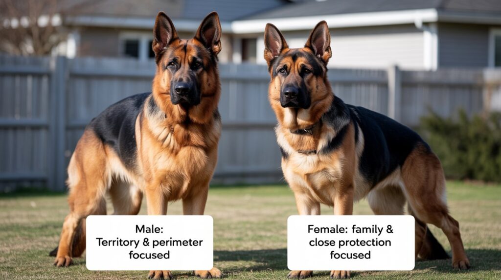 Male and female German Shepherds, with male focusing on territory and perimeter, and female on family protection.
