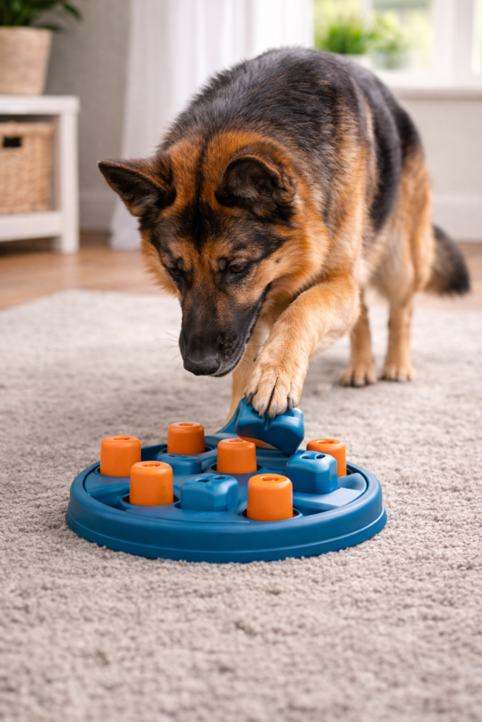 German Shepherd using a puzzle toy, showing mental stimulation activities that support German Shepherd exercise routines.