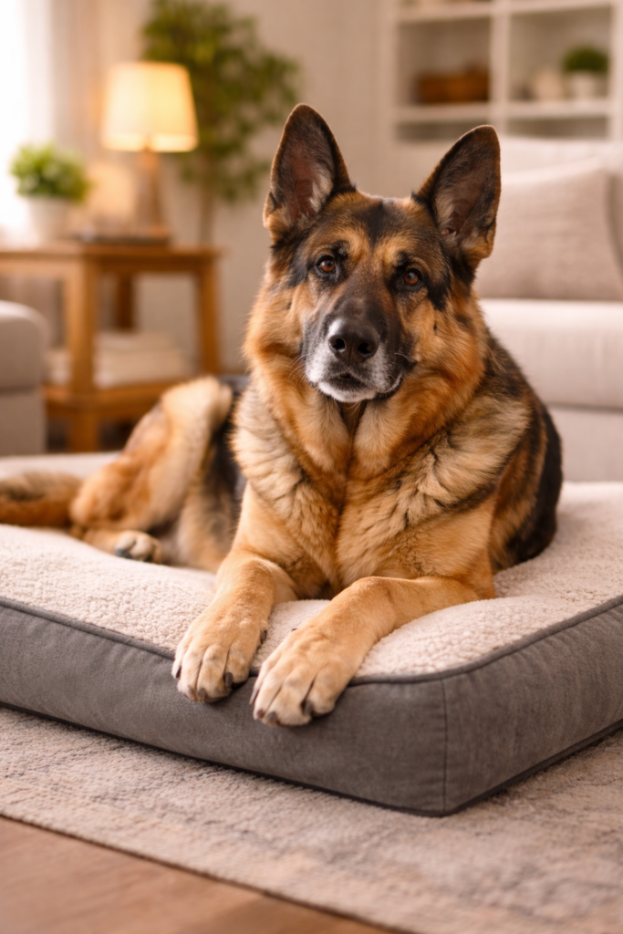 Senior German Shepherd resting on an orthopedic bed at home, symbolizing comfort and care while Preparing for the Aging Process of Your German Shepherd.