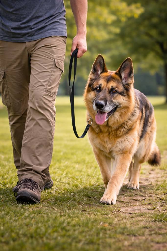 Senior German Shepherd on a gentle walk, showing low-impact exercise needs for older German Shepherd dogs.