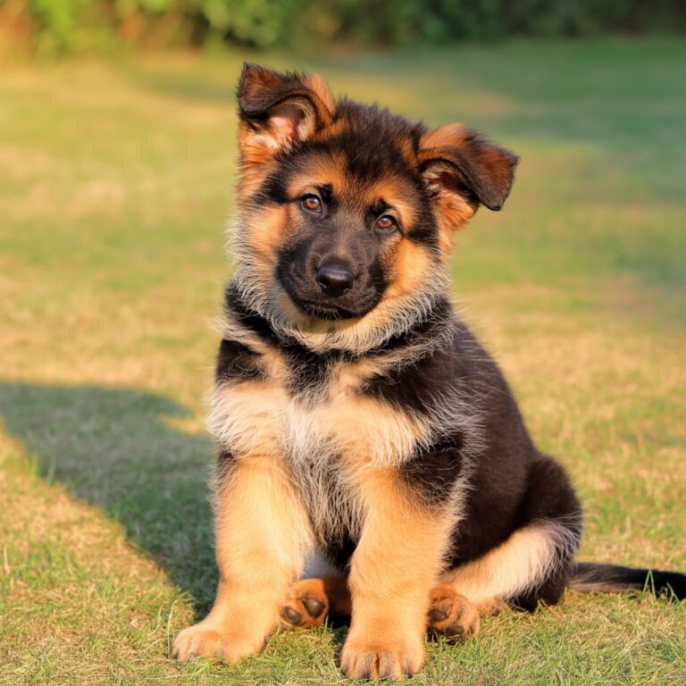 German Shepherd puppy sitting on grass with floppy ears, showing what age do German Shepherd ears stand up during early growth stages.