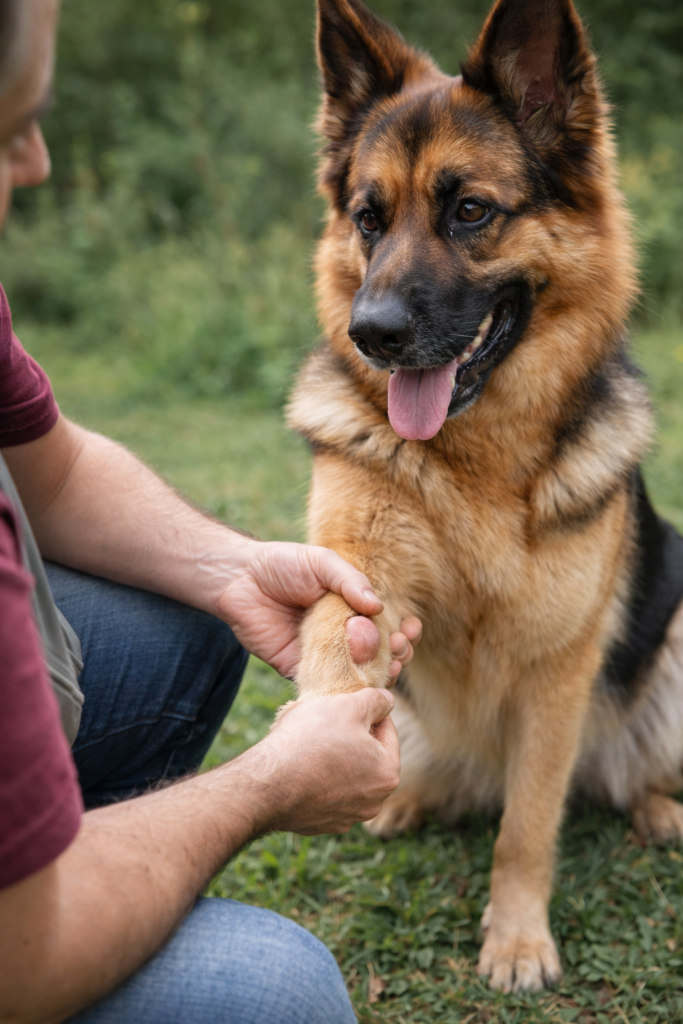 Discover early cancer signs in German Shepherds, with a visible lump on the leg and a concerned owner checking it