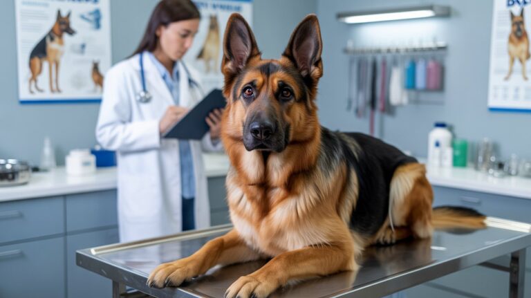 Veterinarian examining a healthy German Shepherd during a clinic visit, helping owners understand what are German Shepherds allergic to