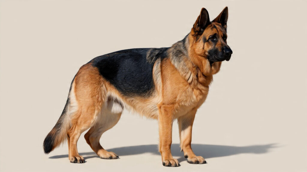 German Shepherd standing with visible weight gain, showing common signs of overfeeding a German Shepherd such as a thick waist and heavy body.