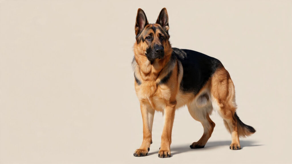 Lean German Shepherd standing alert, showing visible ribs and muscle definition as signs your German Shepherd is underfed.