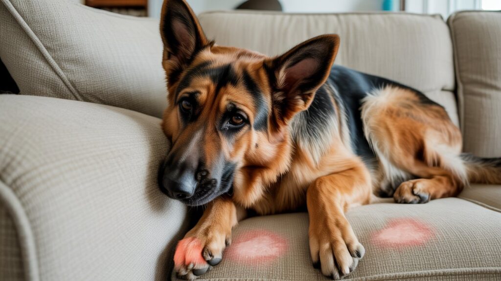 German Shepherd resting on a couch with red, irritated paws, showing what are the symptoms of German Shepherd allergies at home
