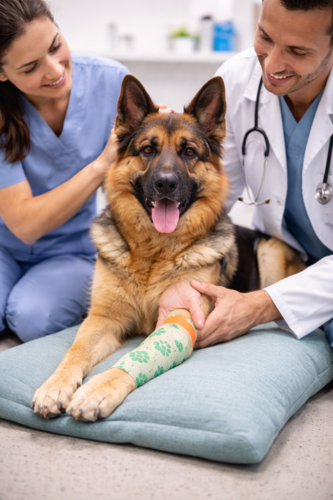 German Shepherd recovering from osteosarcoma surgery with a bandage, receiving compassionate care from vets.