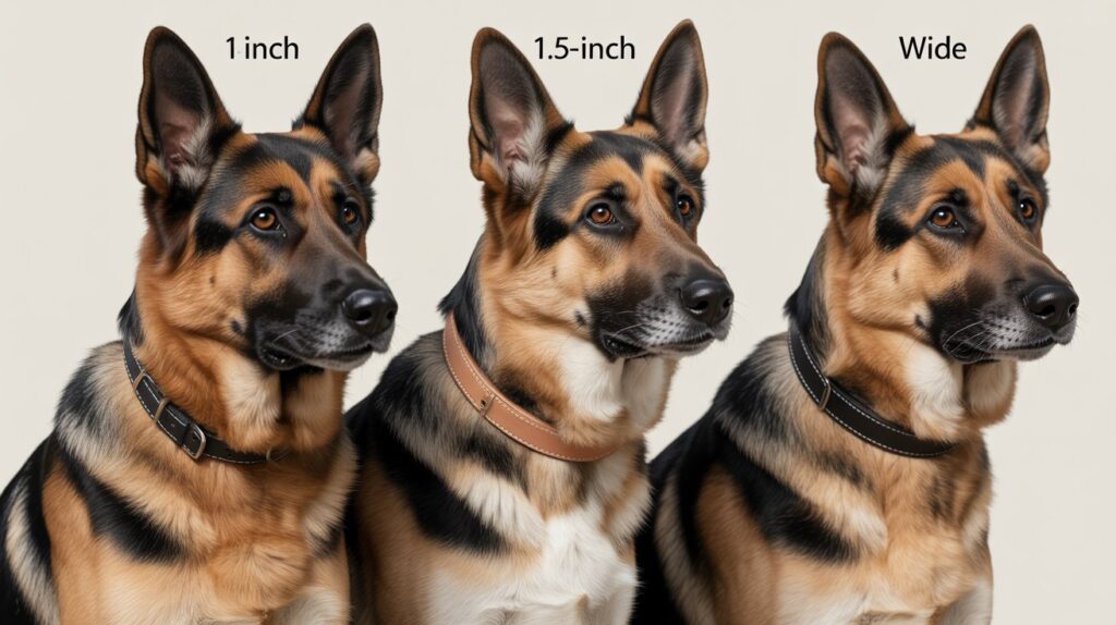 Comparison showing what collar width is best for a German Shepherd, including 1 inch, 1.5 inch, and wide collars.