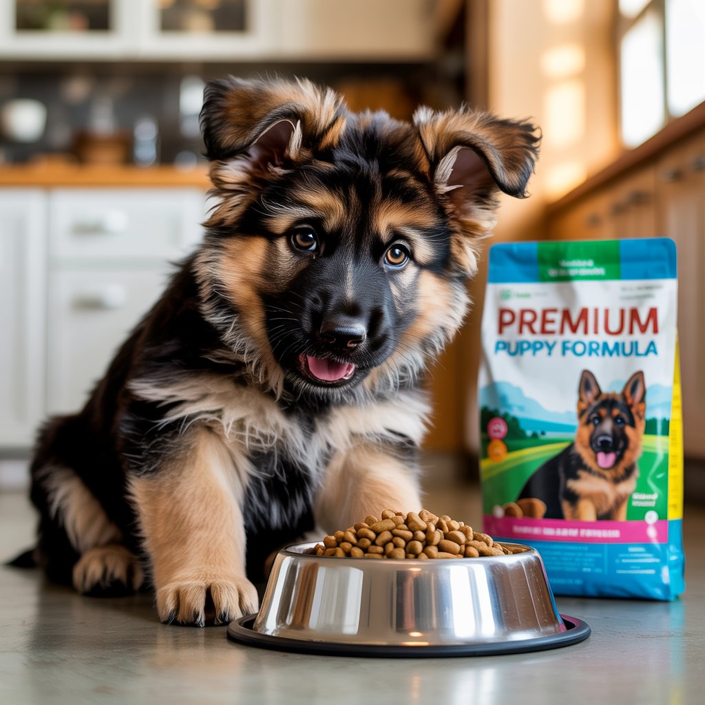 German Shepherd puppy eating from bowl with puppy formula food pack, showing what is the best dog food for German Shepherd puppies