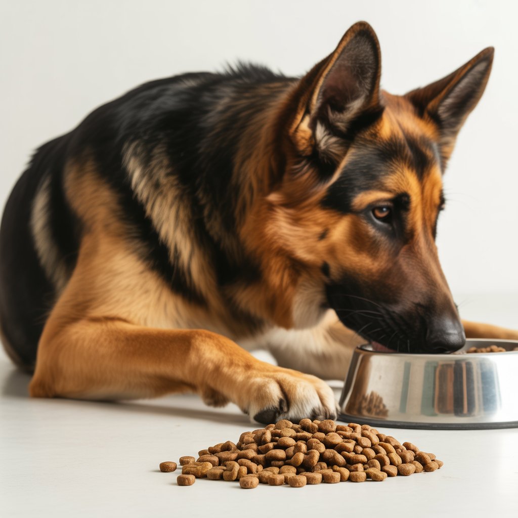 German Shepherd gently eating from a bowl, illustrating what is the best dog food for German Shepherds with sensitive stomachs.
