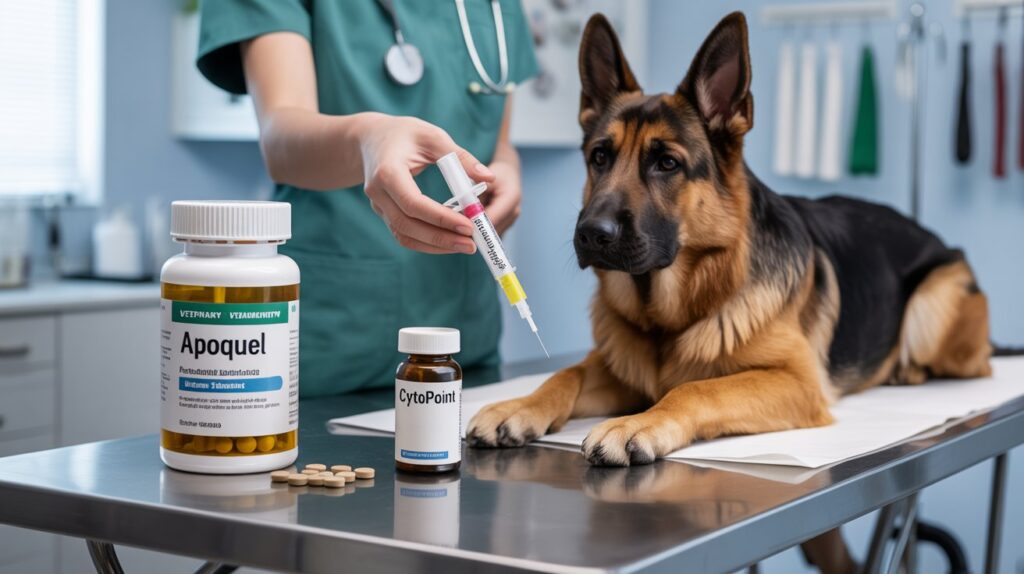 Veterinarian preparing allergy medication for a German Shepherd, showing what is the best treatment for German Shepherd allergies