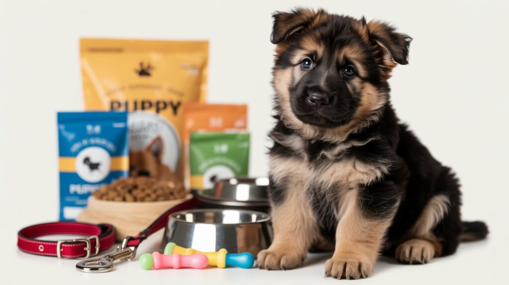 German Shepherd puppy sitting with food, toys, and supplies, showing what is the first-year cost of owning a German Shepherd.